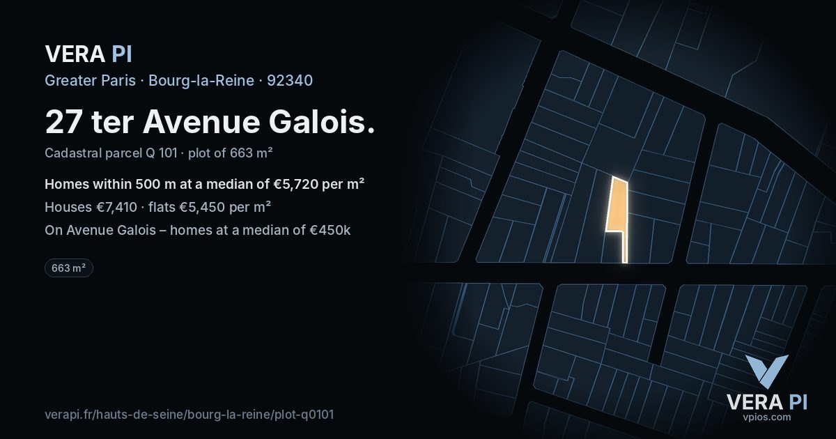 27 ter Avenue Galois, Bourg-la-Reine at night – the plot lit, the parcels around coloured by the prices near them