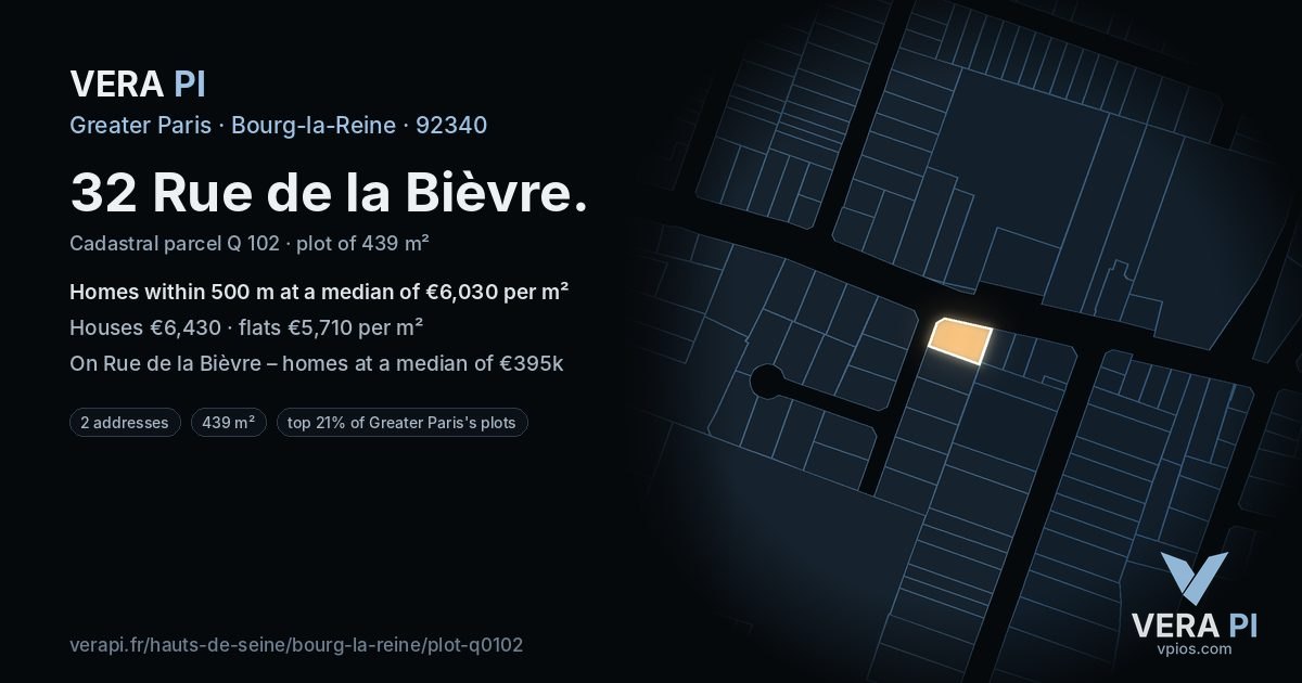 32 Rue de la Bièvre, Bourg-la-Reine at night – the plot lit, the parcels around coloured by the prices near them