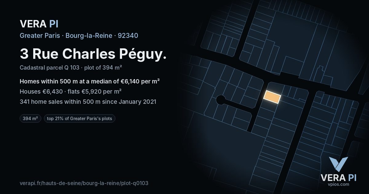 3 Rue Charles Péguy, Bourg-la-Reine at night – the plot lit, the parcels around coloured by the prices near them