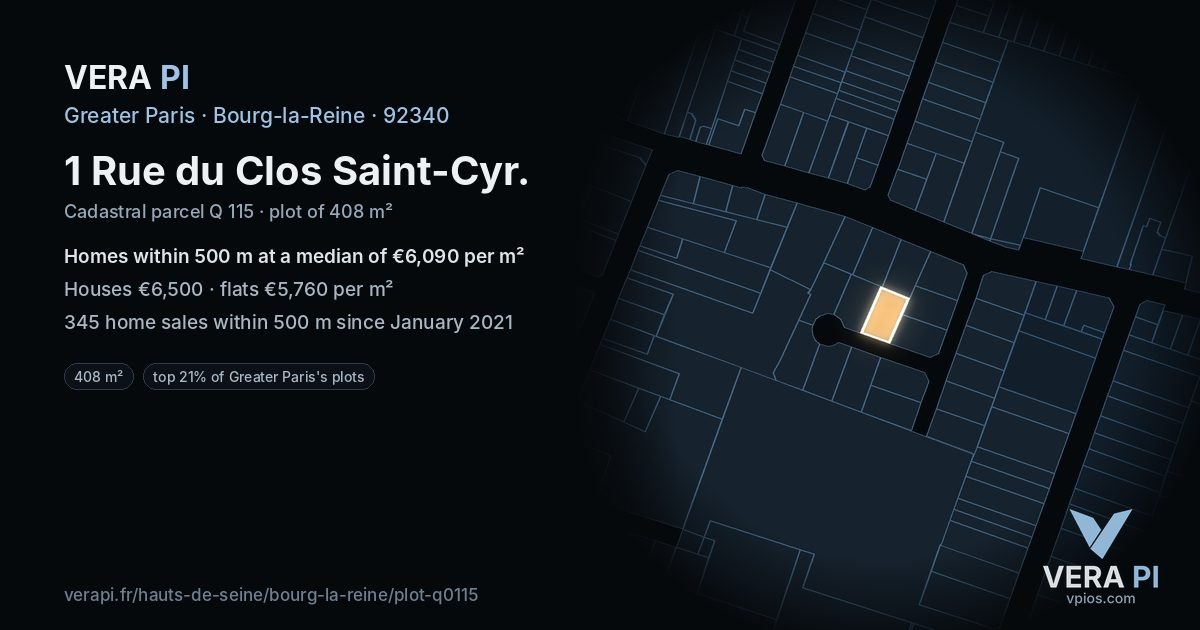 1 Rue du Clos Saint-Cyr, Bourg-la-Reine at night – the plot lit, the parcels around coloured by the prices near them