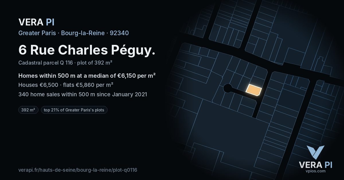 6 Rue Charles Péguy, Bourg-la-Reine at night – the plot lit, the parcels around coloured by the prices near them