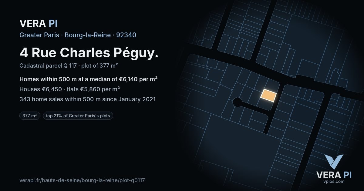 4 Rue Charles Péguy, Bourg-la-Reine at night – the plot lit, the parcels around coloured by the prices near them