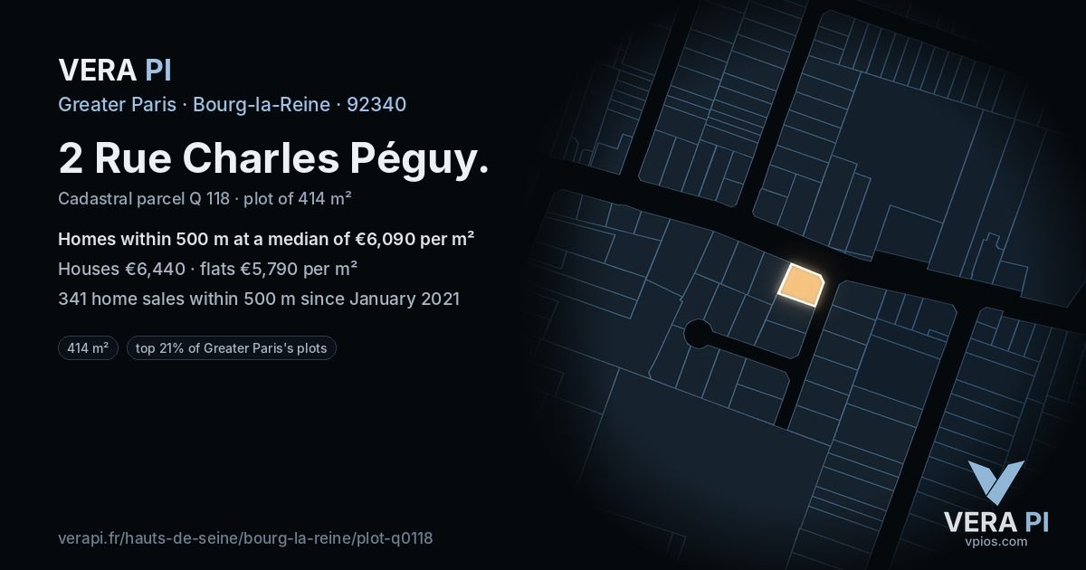 2 Rue Charles Péguy, Bourg-la-Reine at night – the plot lit, the parcels around coloured by the prices near them