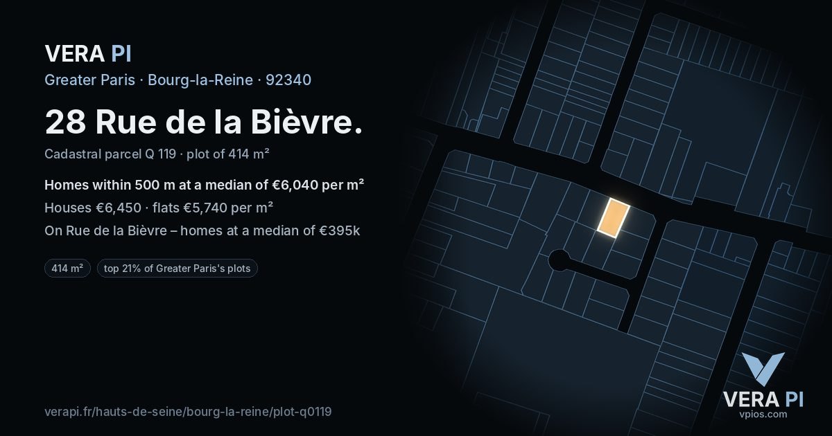 28 Rue de la Bièvre, Bourg-la-Reine at night – the plot lit, the parcels around coloured by the prices near them