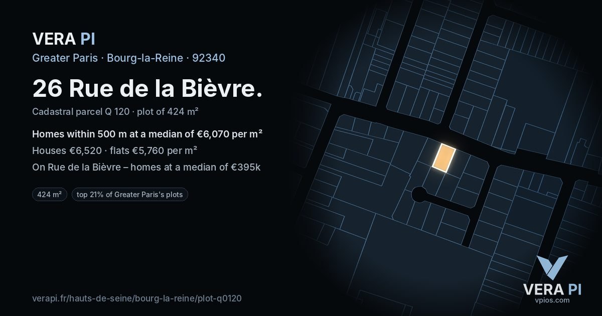 26 Rue de la Bièvre, Bourg-la-Reine at night – the plot lit, the parcels around coloured by the prices near them