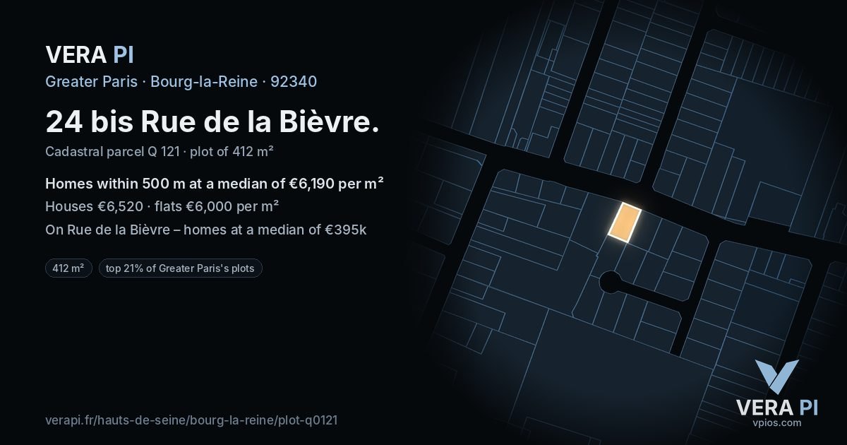 24 bis Rue de la Bièvre, Bourg-la-Reine at night – the plot lit, the parcels around coloured by the prices near them