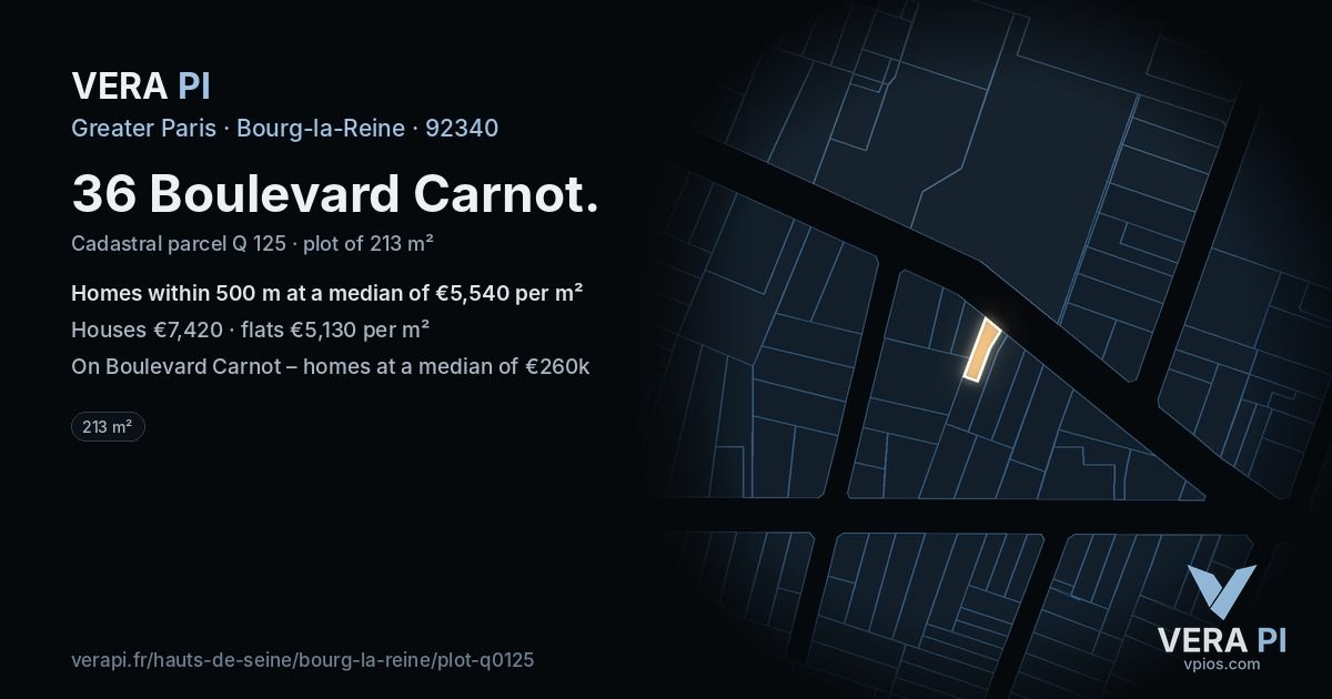 36 Boulevard Carnot, Bourg-la-Reine at night – the plot lit, the parcels around coloured by the prices near them
