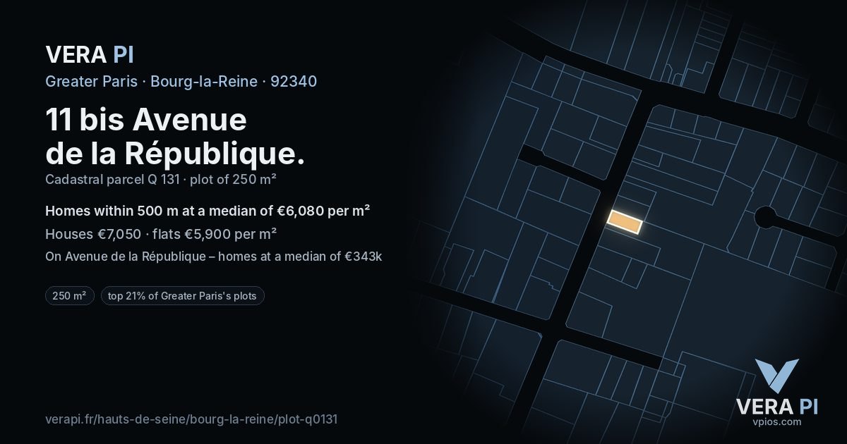 11 bis Avenue de la République, Bourg-la-Reine at night – the plot lit, the parcels around coloured by the prices near them