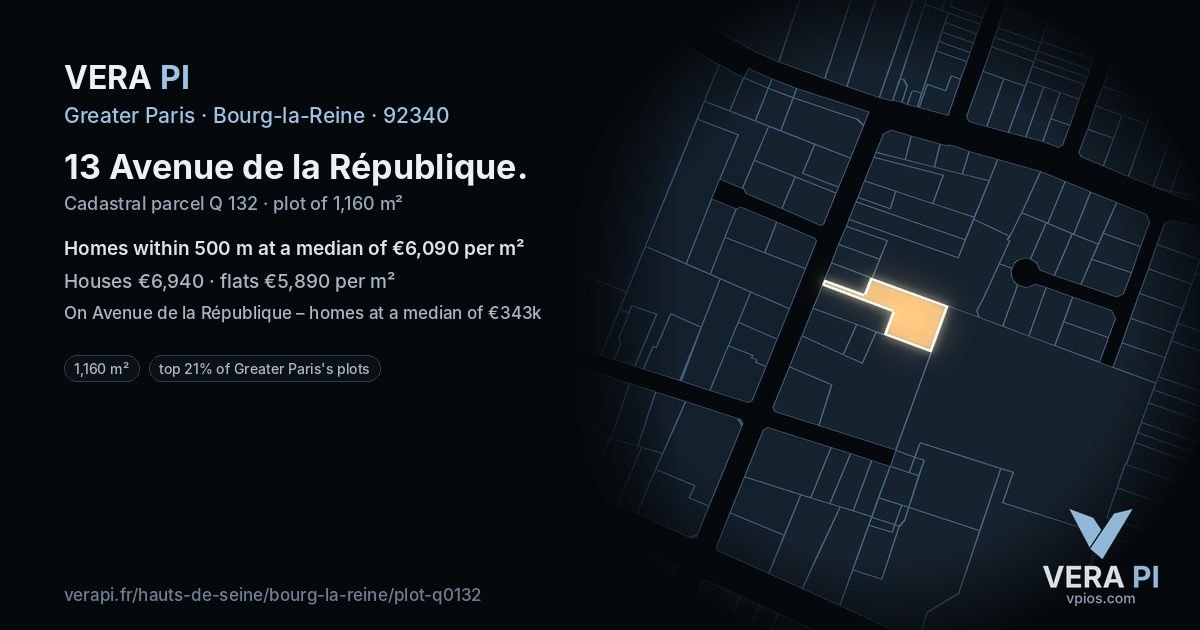 13 Avenue de la République, Bourg-la-Reine at night – the plot lit, the parcels around coloured by the prices near them