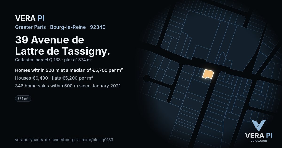 39 Avenue de Lattre de Tassigny, Bourg-la-Reine at night – the plot lit, the parcels around coloured by the prices near them