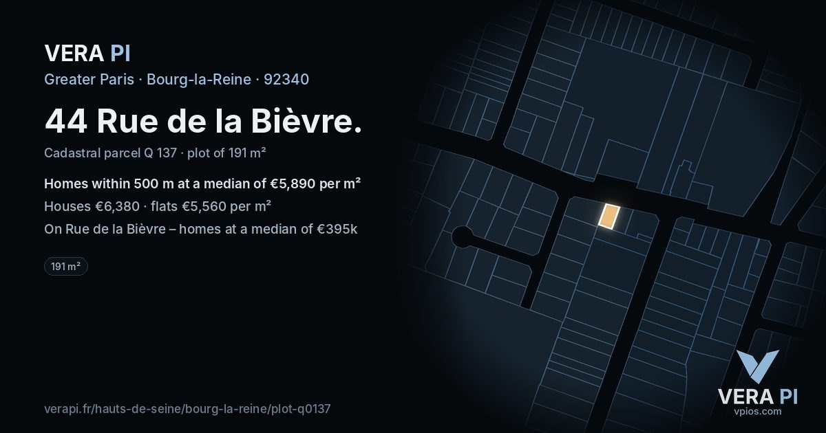 44 Rue de la Bièvre, Bourg-la-Reine at night – the plot lit, the parcels around coloured by the prices near them