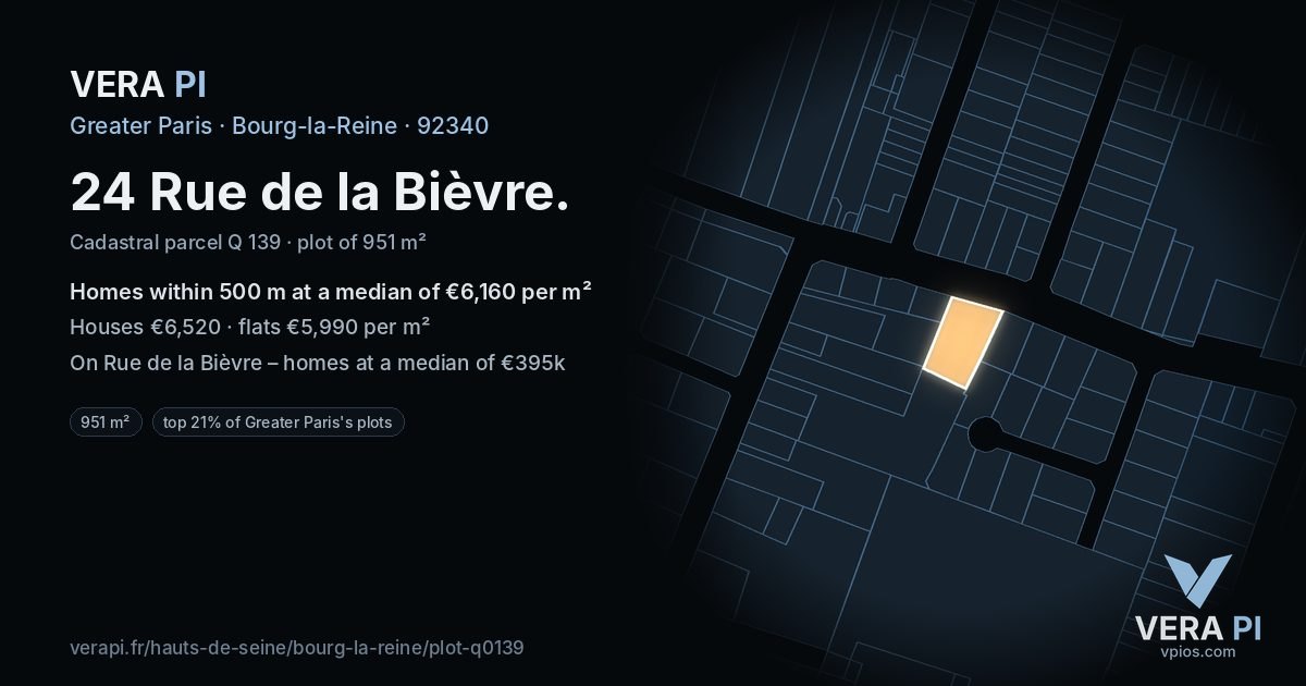 24 Rue de la Bièvre, Bourg-la-Reine at night – the plot lit, the parcels around coloured by the prices near them