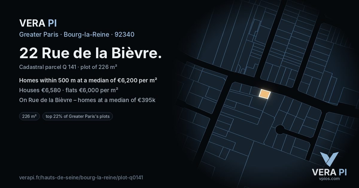 22 Rue de la Bièvre, Bourg-la-Reine at night – the plot lit, the parcels around coloured by the prices near them