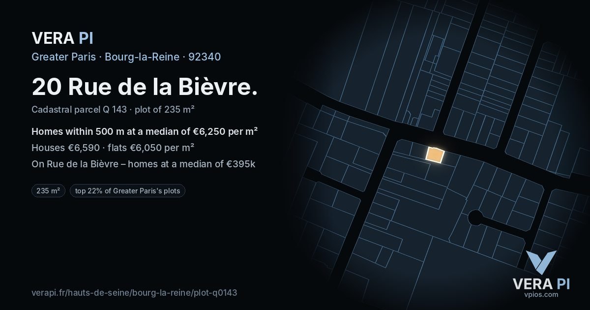 20 Rue de la Bièvre, Bourg-la-Reine at night – the plot lit, the parcels around coloured by the prices near them