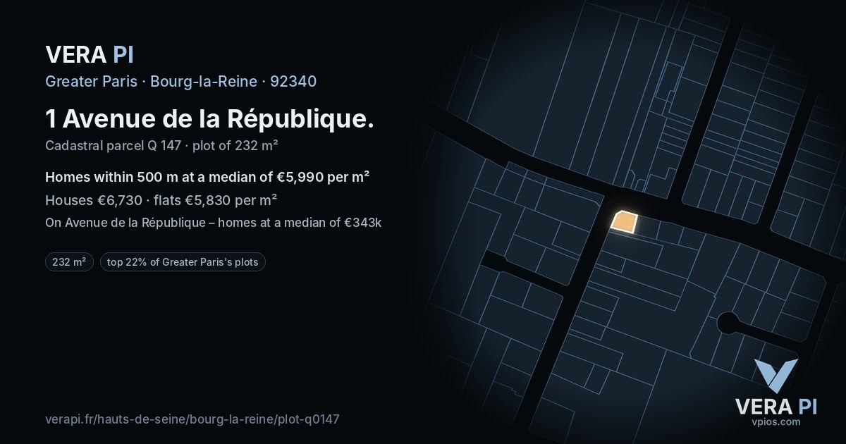 1 Avenue de la République, Bourg-la-Reine at night – the plot lit, the parcels around coloured by the prices near them