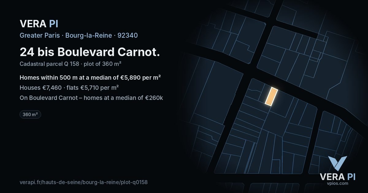 24 bis Boulevard Carnot, Bourg-la-Reine at night – the plot lit, the parcels around coloured by the prices near them