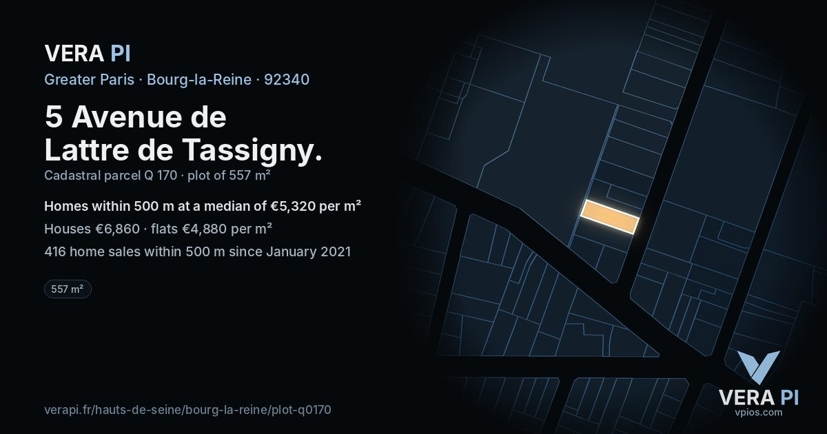5 Avenue de Lattre de Tassigny, Bourg-la-Reine at night – the plot lit, the parcels around coloured by the prices near them