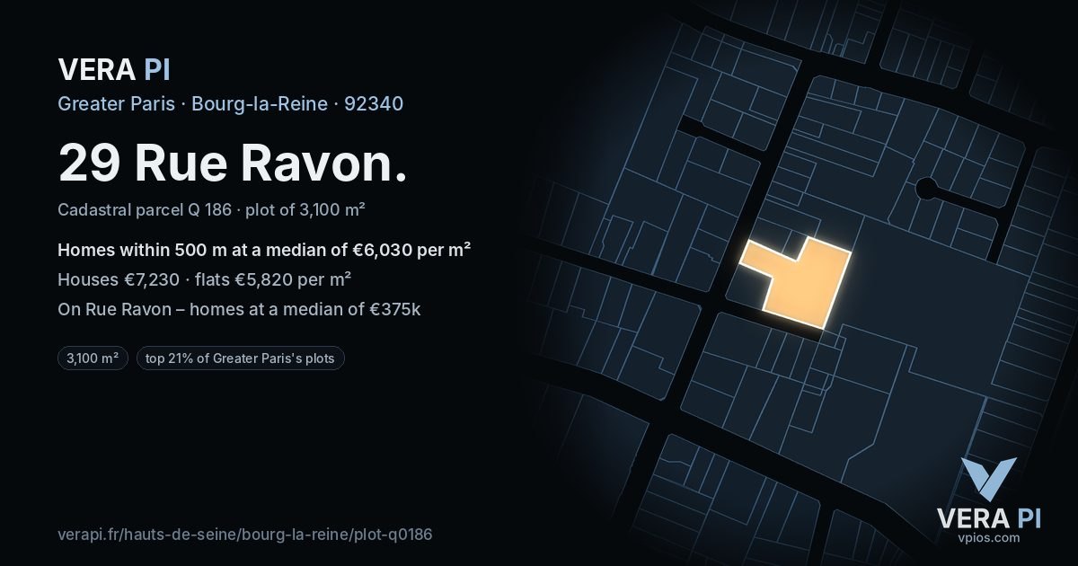 29 Rue Ravon, Bourg-la-Reine at night – the plot lit, the parcels around coloured by the prices near them