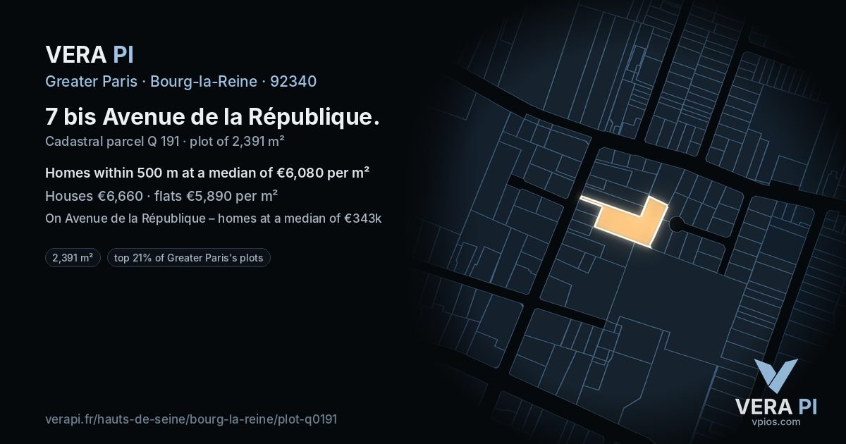 7 bis Avenue de la République, Bourg-la-Reine at night – the plot lit, the parcels around coloured by the prices near them
