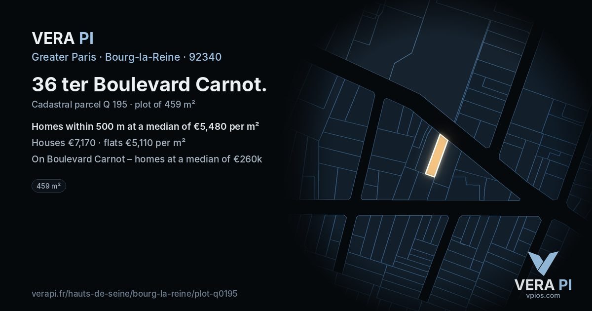36 ter Boulevard Carnot, Bourg-la-Reine at night – the plot lit, the parcels around coloured by the prices near them