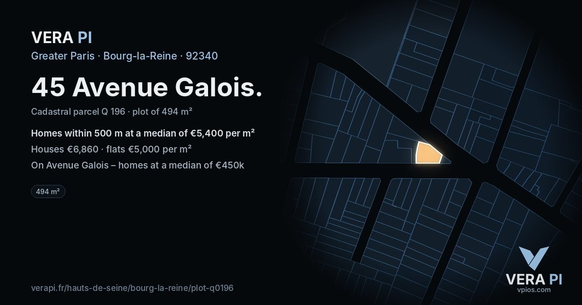 45 Avenue Galois, Bourg-la-Reine at night – the plot lit, the parcels around coloured by the prices near them