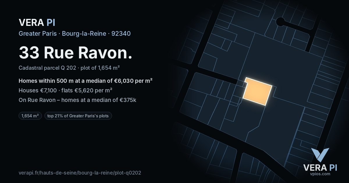 33 Rue Ravon, Bourg-la-Reine at night – the plot lit, the parcels around coloured by the prices near them