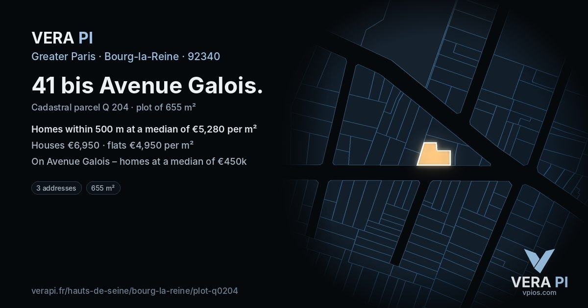 41 bis Avenue Galois, Bourg-la-Reine at night – the plot lit, the parcels around coloured by the prices near them