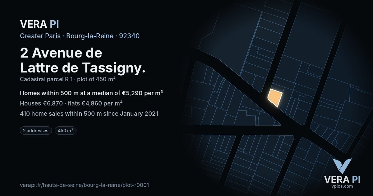 2 Avenue de Lattre de Tassigny, Bourg-la-Reine at night – the plot lit, the parcels around coloured by the prices near them