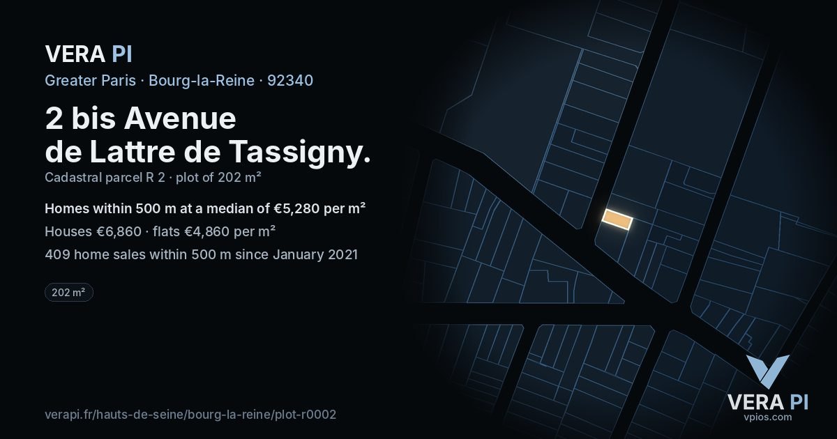 2 bis Avenue de Lattre de Tassigny, Bourg-la-Reine at night – the plot lit, the parcels around coloured by the prices near them