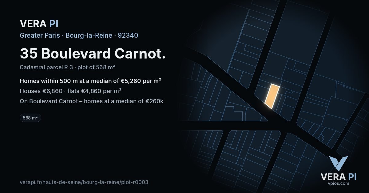 35 Boulevard Carnot, Bourg-la-Reine at night – the plot lit, the parcels around coloured by the prices near them