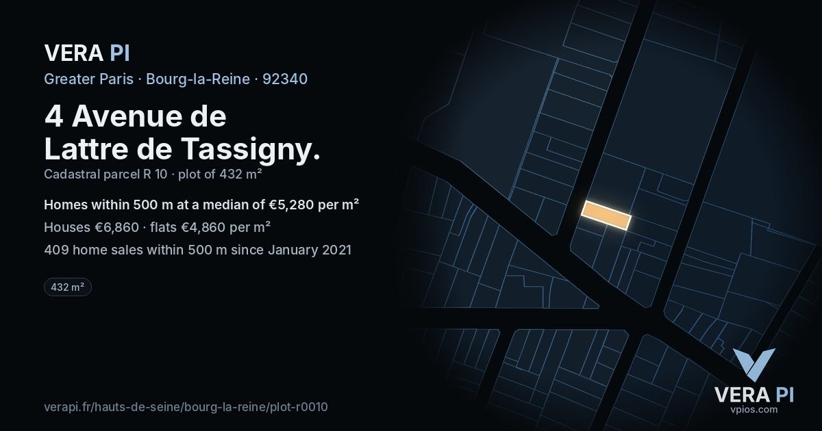 4 Avenue de Lattre de Tassigny, Bourg-la-Reine at night – the plot lit, the parcels around coloured by the prices near them