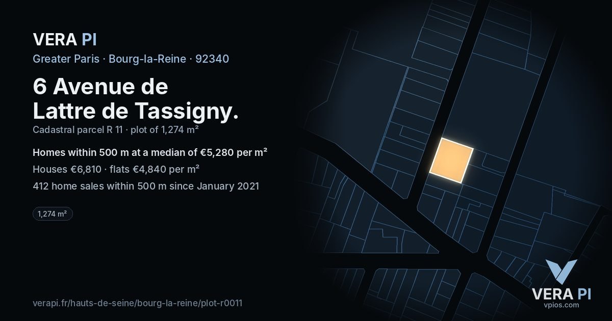 6 Avenue de Lattre de Tassigny, Bourg-la-Reine at night – the plot lit, the parcels around coloured by the prices near them