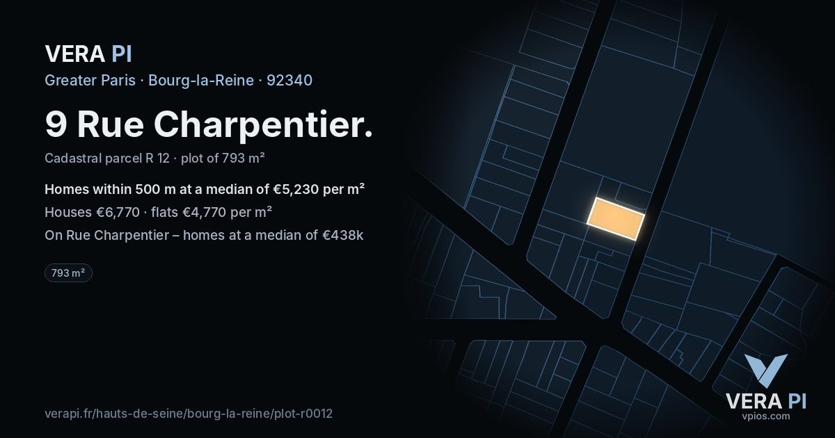 9 Rue Charpentier, Bourg-la-Reine at night – the plot lit, the parcels around coloured by the prices near them