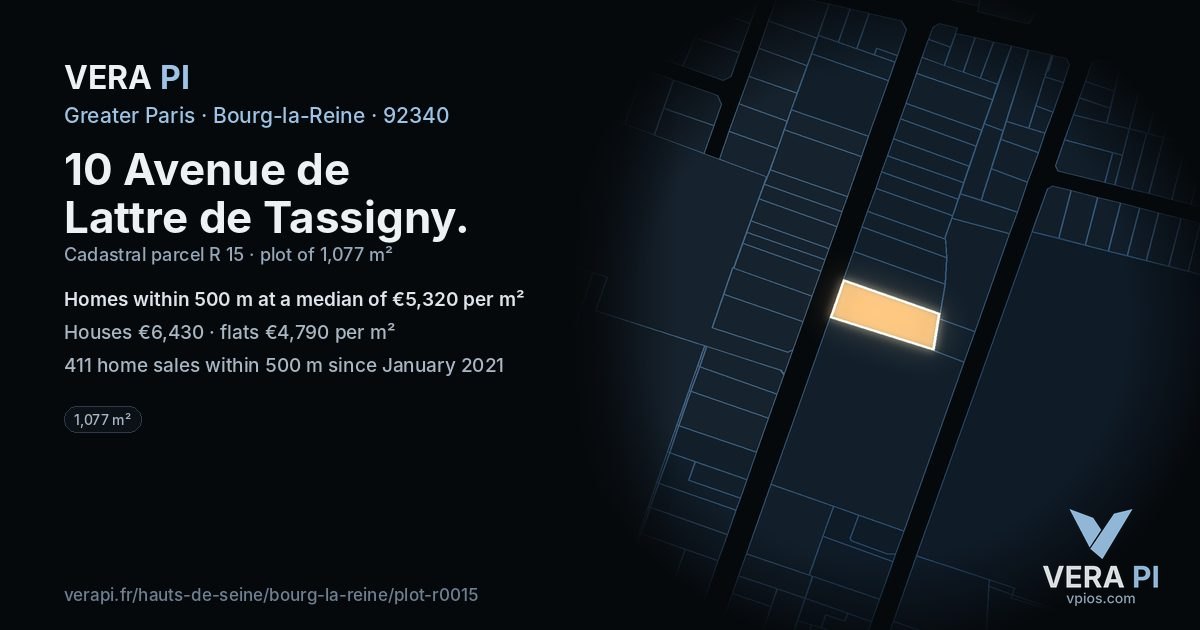 10 Avenue de Lattre de Tassigny, Bourg-la-Reine at night – the plot lit, the parcels around coloured by the prices near them