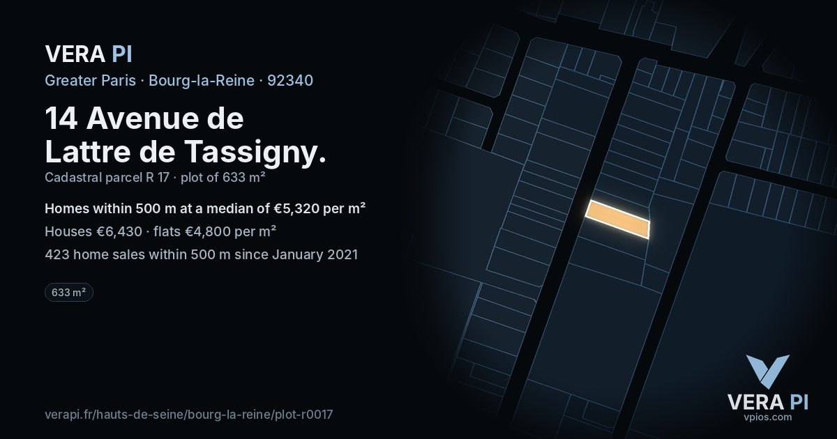 14 Avenue de Lattre de Tassigny, Bourg-la-Reine at night – the plot lit, the parcels around coloured by the prices near them