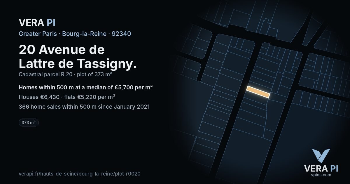 20 Avenue de Lattre de Tassigny, Bourg-la-Reine at night – the plot lit, the parcels around coloured by the prices near them
