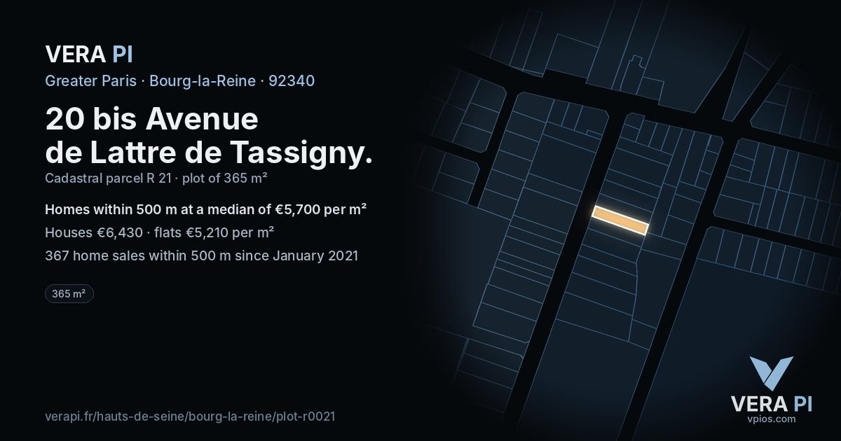 20 bis Avenue de Lattre de Tassigny, Bourg-la-Reine at night – the plot lit, the parcels around coloured by the prices near them