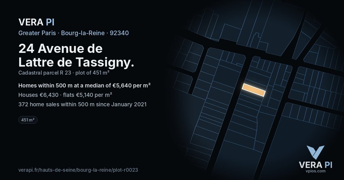 24 Avenue de Lattre de Tassigny, Bourg-la-Reine at night – the plot lit, the parcels around coloured by the prices near them