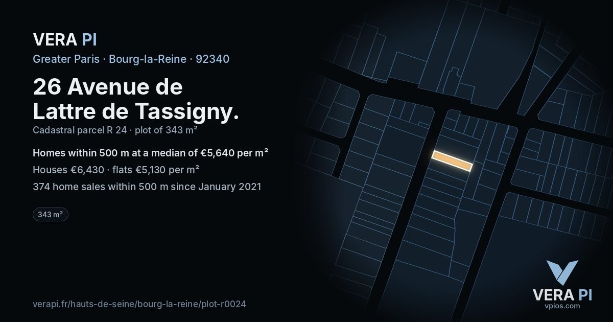 26 Avenue de Lattre de Tassigny, Bourg-la-Reine at night – the plot lit, the parcels around coloured by the prices near them