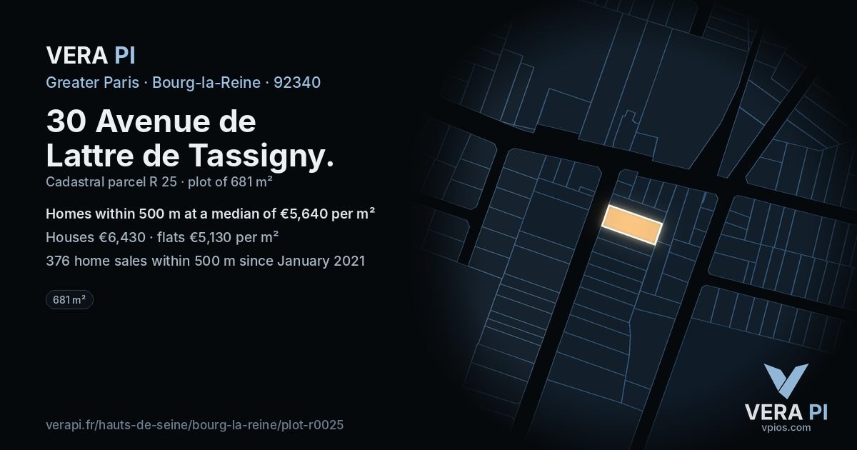 30 Avenue de Lattre de Tassigny, Bourg-la-Reine at night – the plot lit, the parcels around coloured by the prices near them