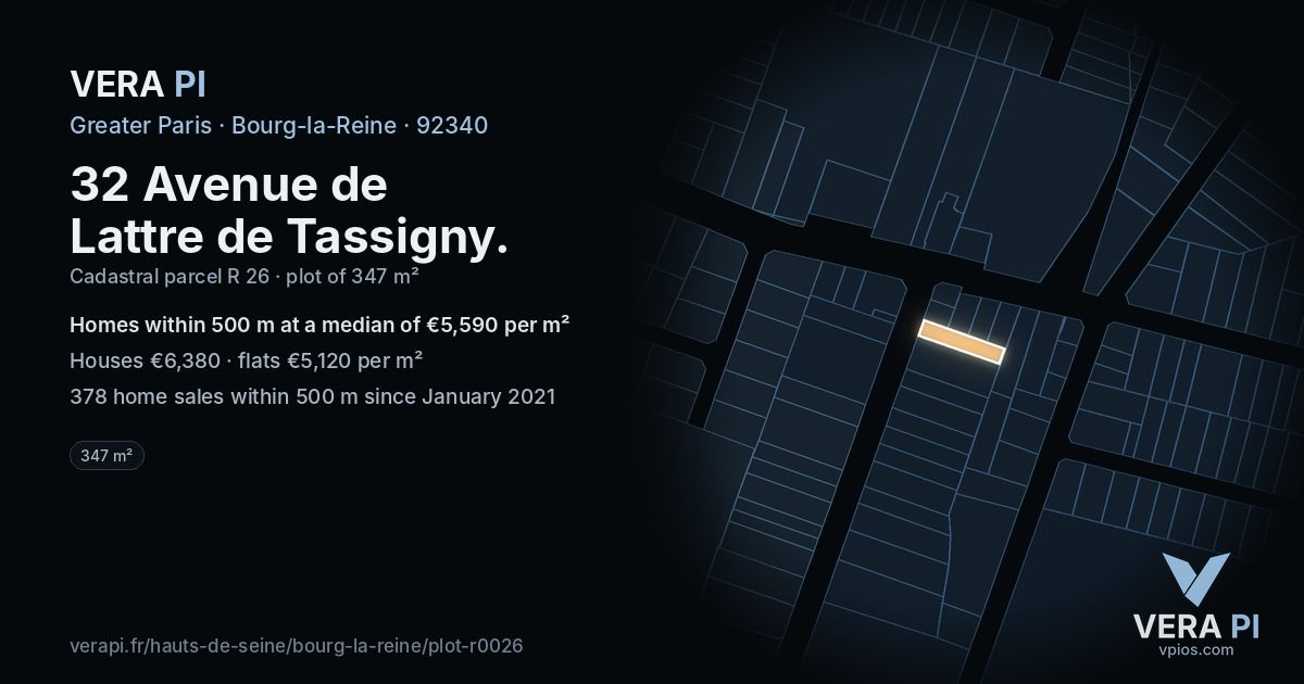 32 Avenue de Lattre de Tassigny, Bourg-la-Reine at night – the plot lit, the parcels around coloured by the prices near them