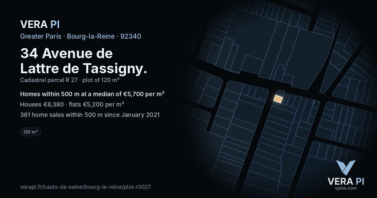 34 Avenue de Lattre de Tassigny, Bourg-la-Reine at night – the plot lit, the parcels around coloured by the prices near them