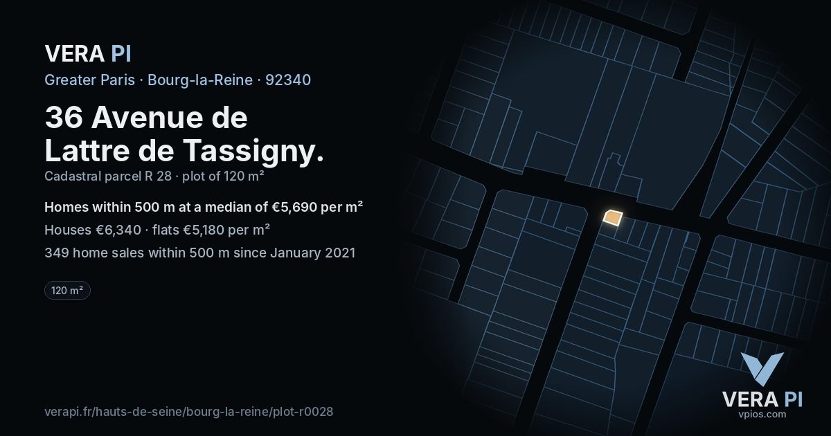 36 Avenue de Lattre de Tassigny, Bourg-la-Reine at night – the plot lit, the parcels around coloured by the prices near them