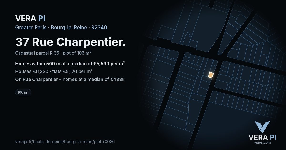 37 Rue Charpentier, Bourg-la-Reine at night – the plot lit, the parcels around coloured by the prices near them