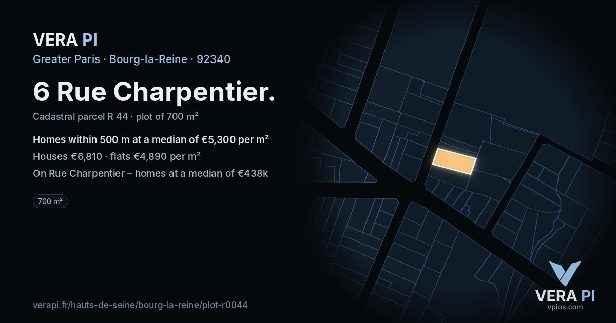 6 Rue Charpentier, Bourg-la-Reine at night – the plot lit, the parcels around coloured by the prices near them