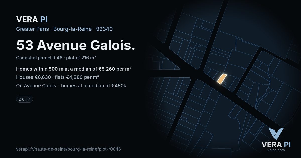 53 Avenue Galois, Bourg-la-Reine at night – the plot lit, the parcels around coloured by the prices near them