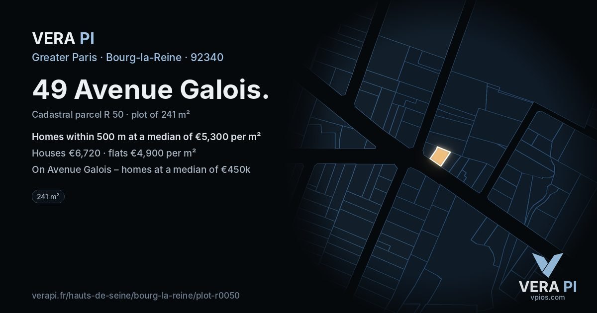 49 Avenue Galois, Bourg-la-Reine at night – the plot lit, the parcels around coloured by the prices near them