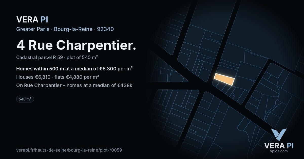 4 Rue Charpentier, Bourg-la-Reine at night – the plot lit, the parcels around coloured by the prices near them