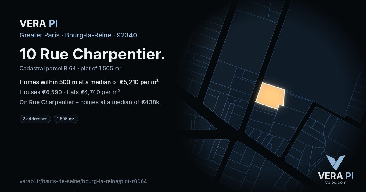 10 Rue Charpentier, Bourg-la-Reine at night – the plot lit, the parcels around coloured by the prices near them