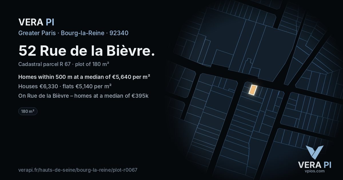 52 Rue de la Bièvre, Bourg-la-Reine at night – the plot lit, the parcels around coloured by the prices near them